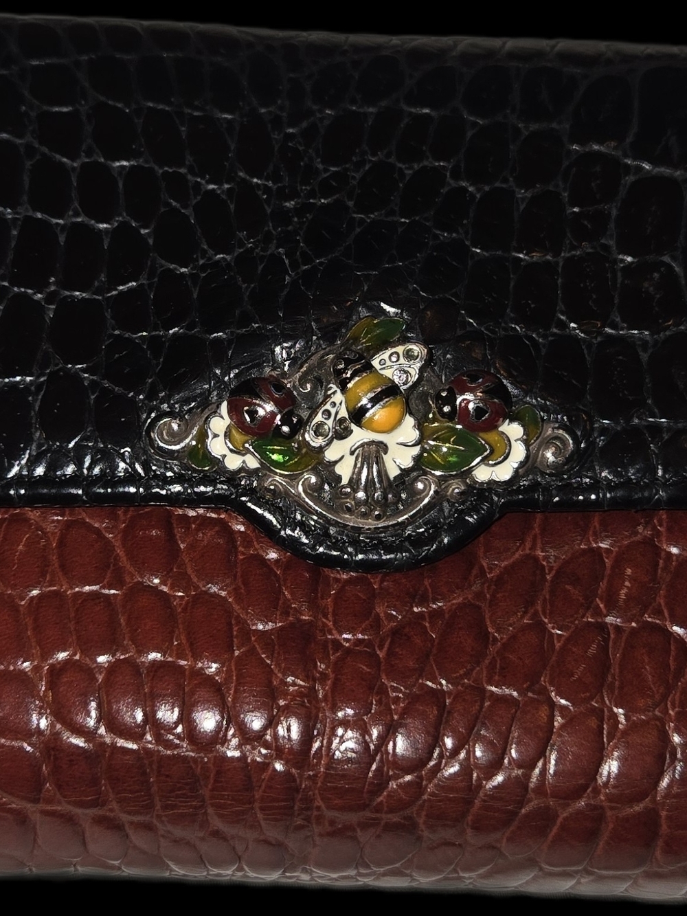 Brighton Black and Bugundy Croc-Embossed Wallet with Enamel Flower & Bee Accents